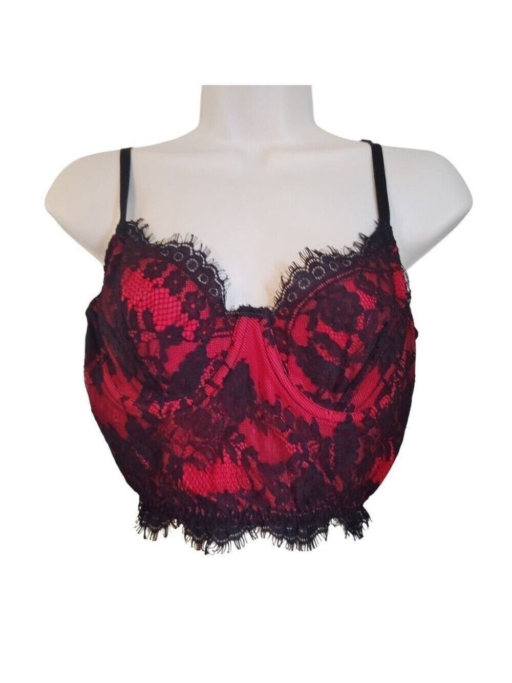 Romwe Women’s Large Red Black Lace Bustier Crop Top Underwire Sheer Mesh adjust - Picture 4 of 7